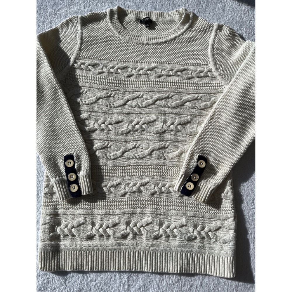 Talbots Petites Cream Cable Knit Crew Neck Sweater With Button Cuffs LP‎